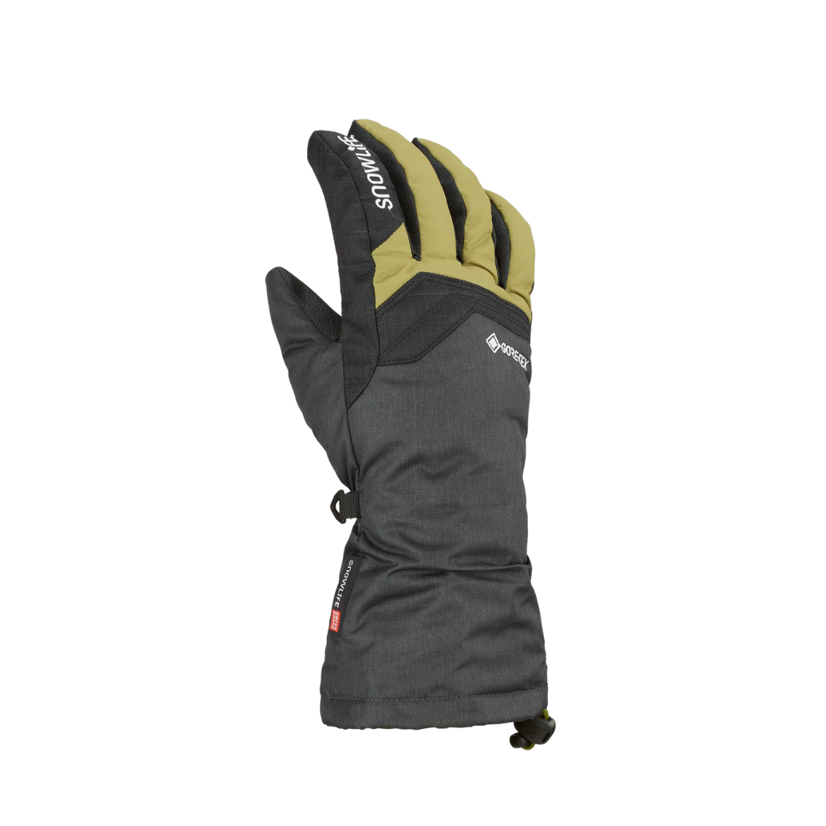 A single ski glove shown from the back, featuring a dark grey body with olive green back panels and white 'SNOWLIFE' branding printed on the back of the hand.