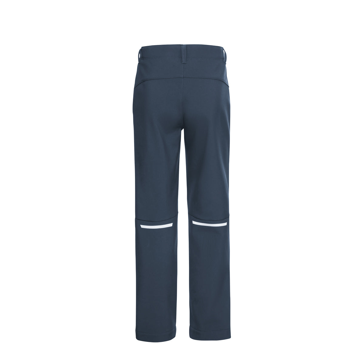 Navy blue pants with reflective stripes on a white background