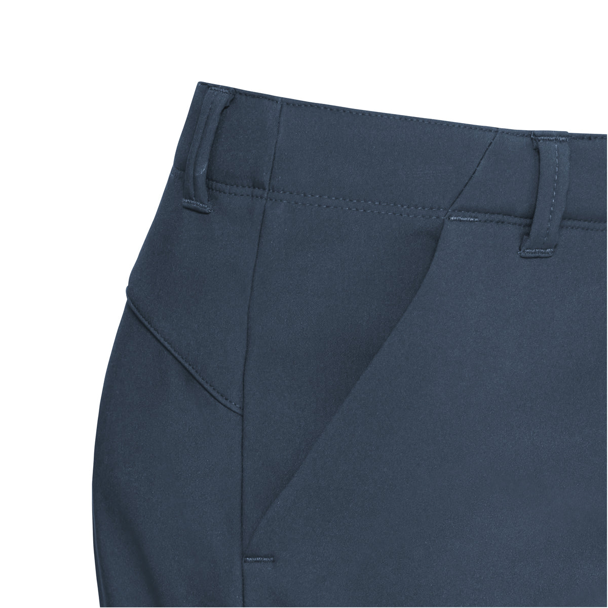 Close-up of dark blue pants on a white background