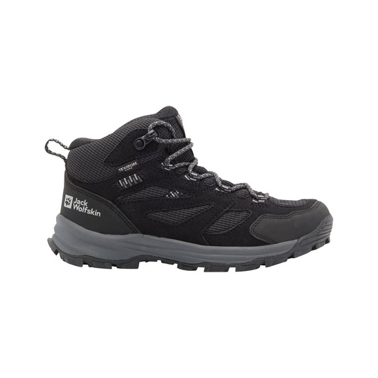 Black kids hiking boot with visible brand logo on a white background