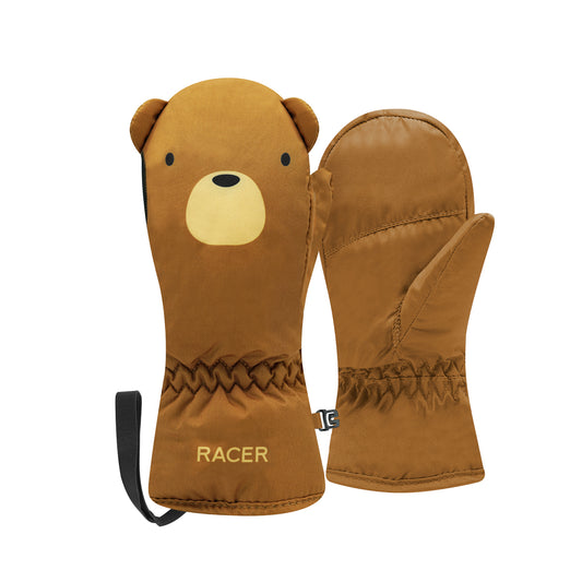 Toddler mittens in brown with a teddy bear motif on a white background