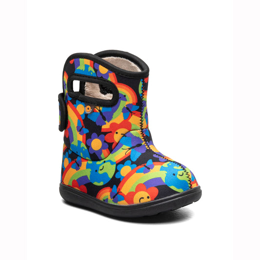 Colorful rain boot with rainbow pattern on a white background