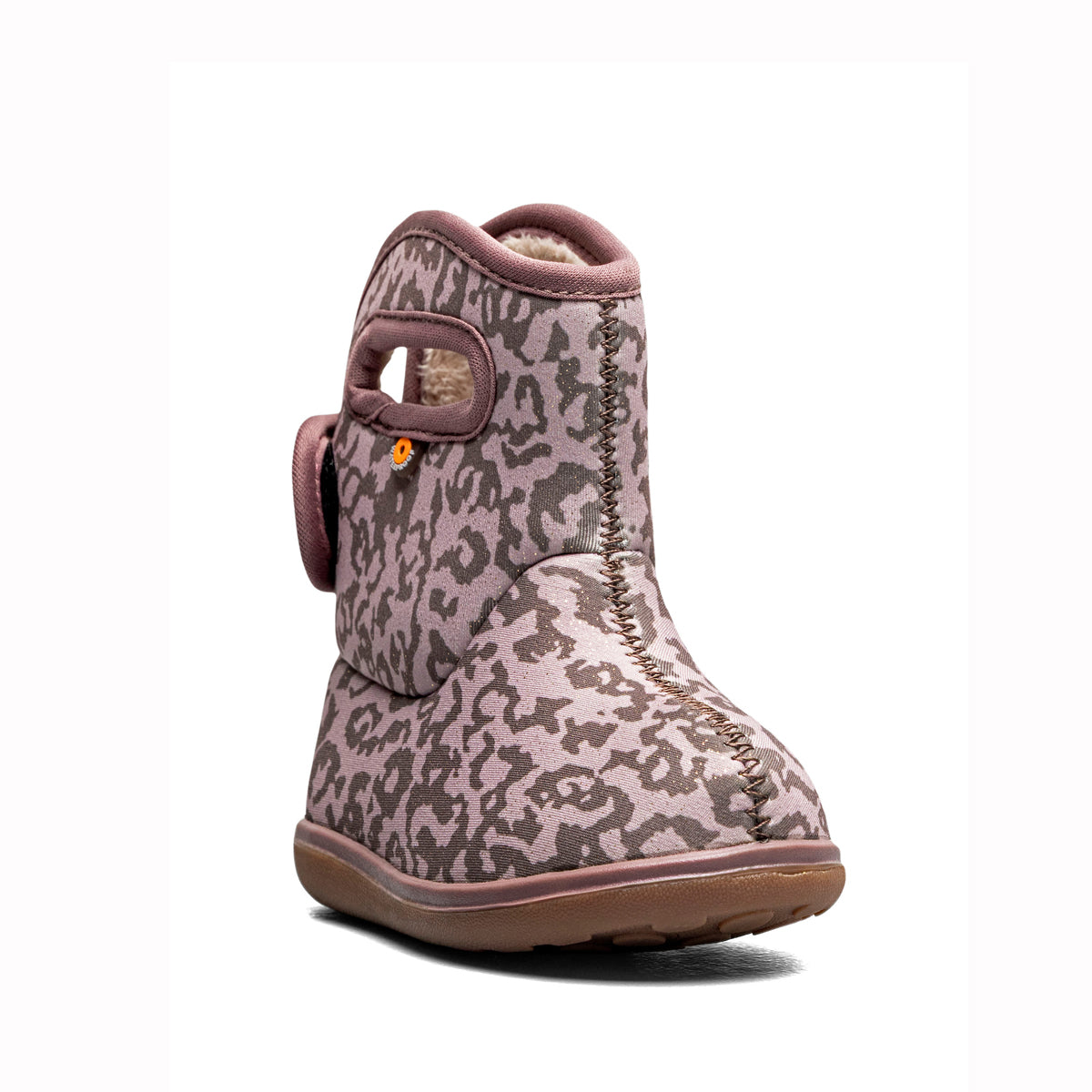 A single toddler winter boot with a pink and brown leopard print pattern, featuring a side strap closure and a soft fleece lining, shown against a plain white background.