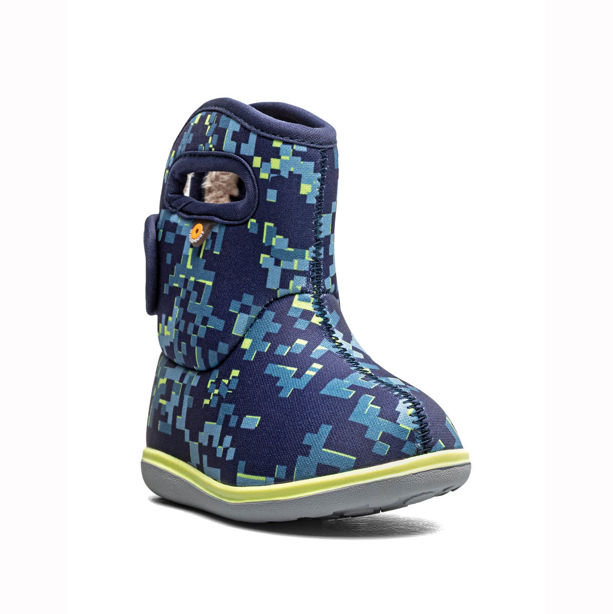 A single toddler winter boot with a navy blue and light blue pixelated pattern, featuring a gray sole with a bright yellow-green accent line.