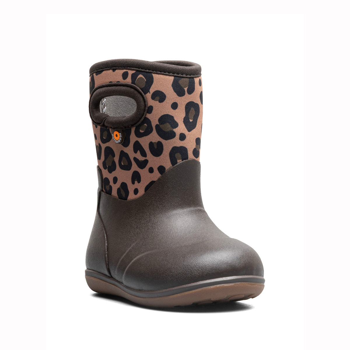 A single children's mid-calf boot with a dark brown rubber body and a tan leopard-print collar featuring black spots and a small orange logo.