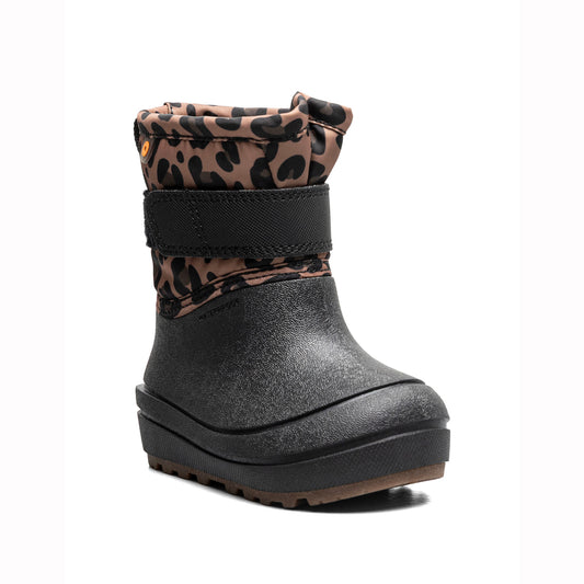 A single children's winter boot with a black rubber sole and toe, featuring a leopard print fabric cuff and a wide black hook-and-loop strap around the ankle, shown on a white background.