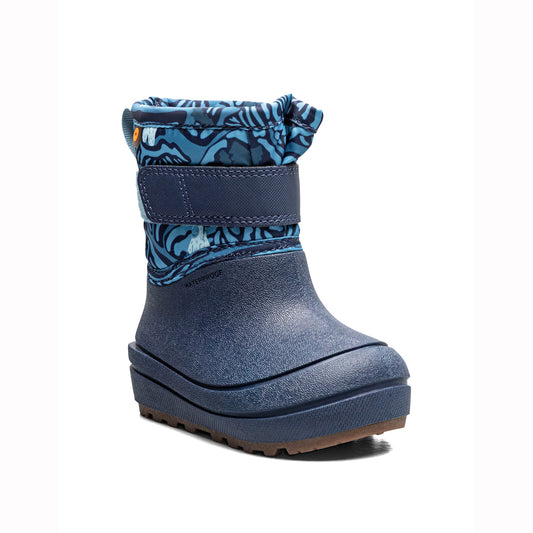 A single children's snow boot in navy blue with a blue and black tiger-stripe patterned cuff, shown on a clean white background.