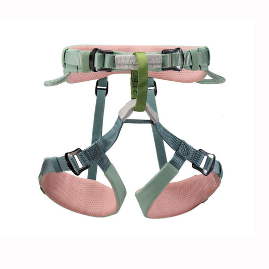 Kids climbing harness in pink and green