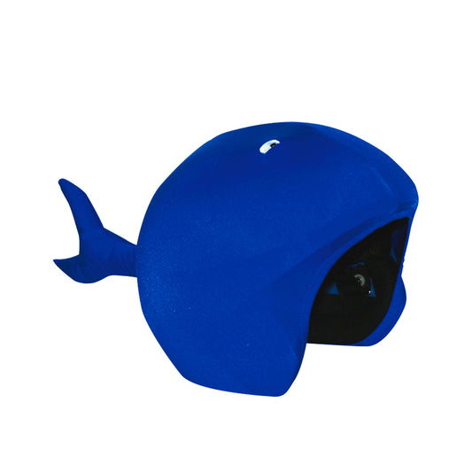 Blue whale-shaped helmet cover on a white background