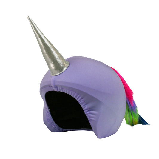 Purple unicorn helmet cover with a silver horn and colourful tail on a white background