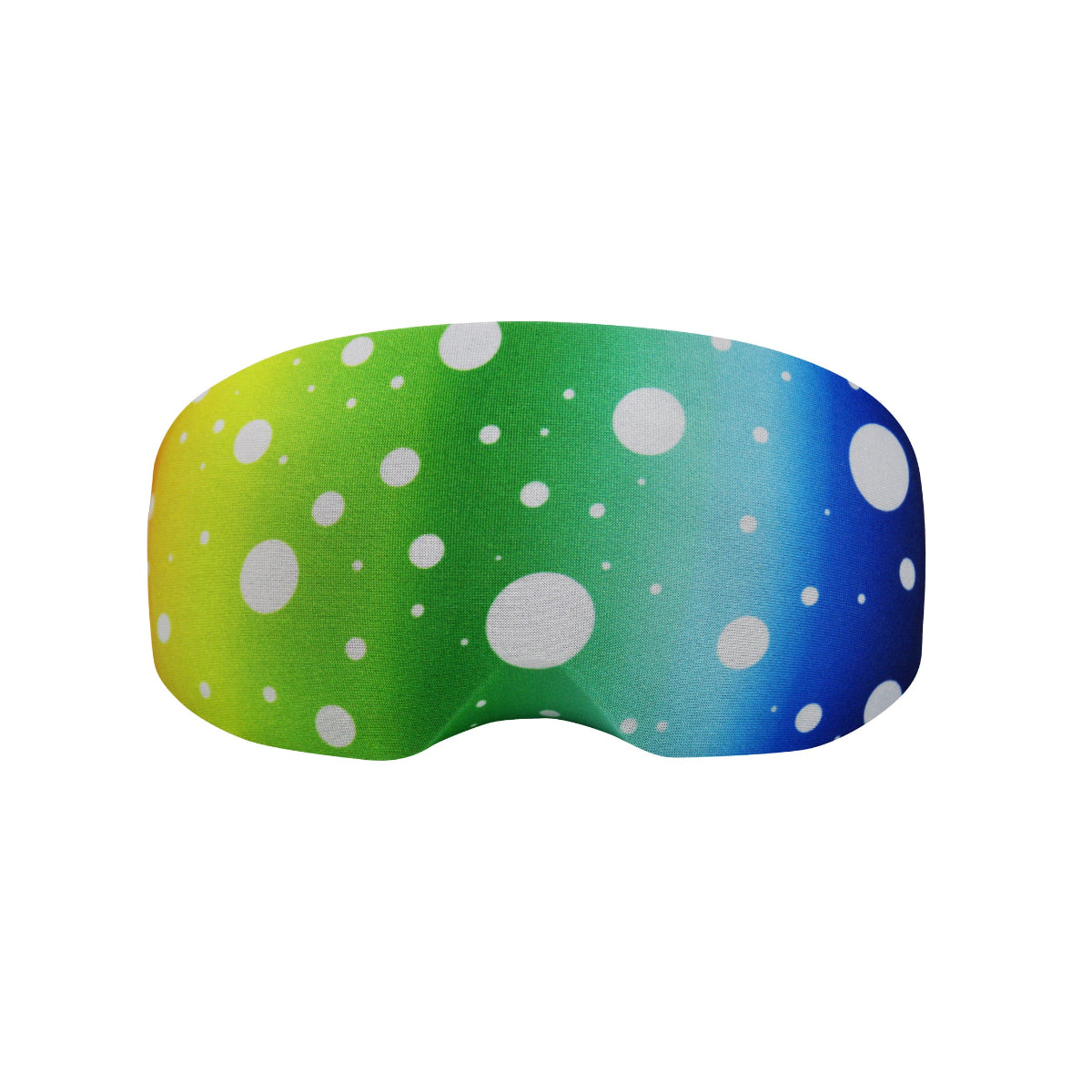 Goggle mask with green, blue, and white polka dot pattern on a white background