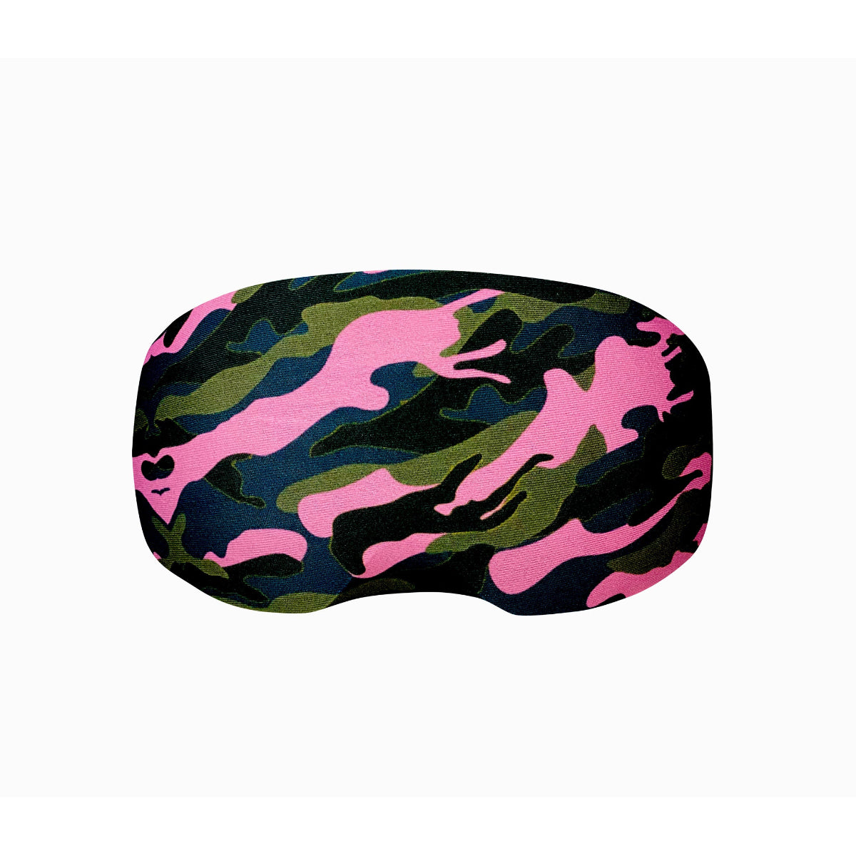 Camouflage-patterned goggle mask with pink and green design on a white background