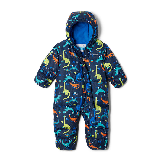 Columbia Snuggly Bunny Down Bunting in a blue fabric with dinosaur pattern