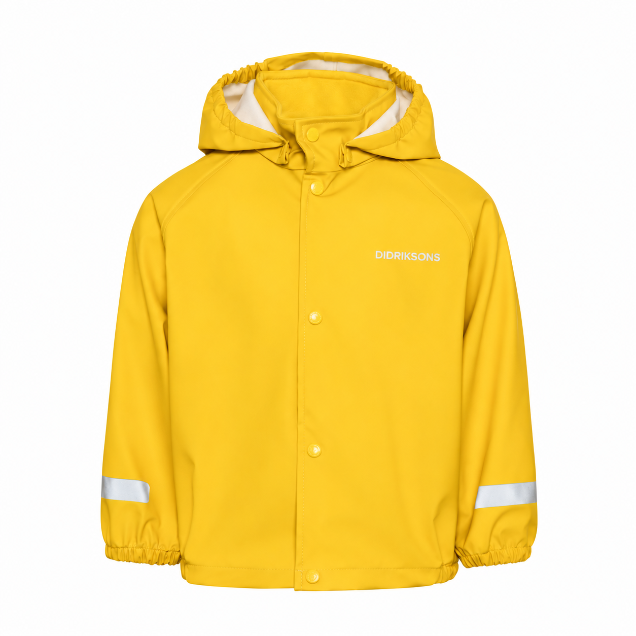 A bright yellow hooded rain jacket with reflective silver stripes on the sleeves and 'DIDRIKSONS' printed in white on the left chest, shown against a plain white background.