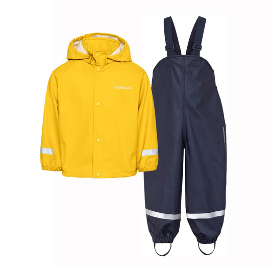 A children's rain outfit set consisting of a bright yellow hooded rain jacket and navy blue waterproof bib overalls, both with reflective silver stripes and the Didriksons logo, shown on a plain white background.