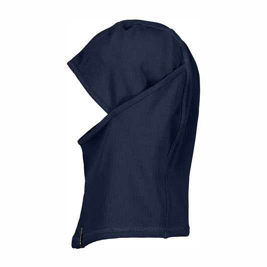 A dark navy blue balaclava face covering with a textured knit fabric, shown on a plain white background.