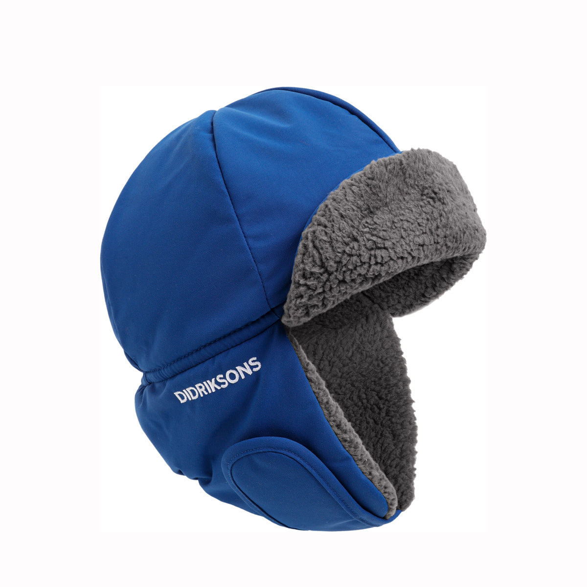 A blue winter trapper hat with a gray fleece ear flaps and lining, featuring the white DIDIKSONS brand name on the side.