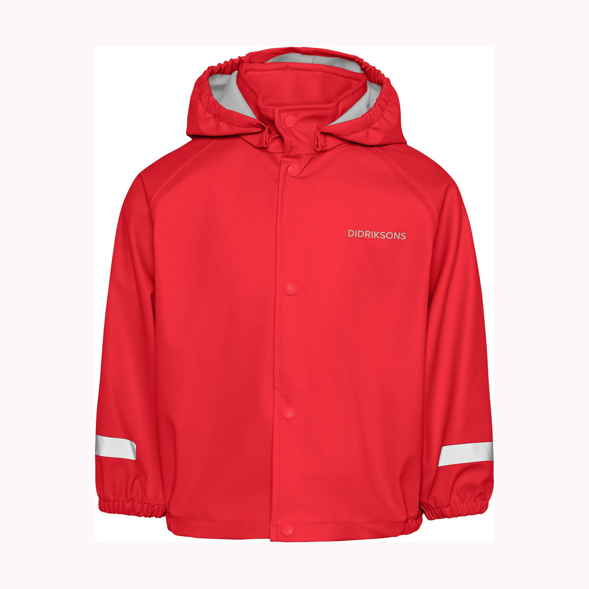 A red hooded rain jacket with reflective silver stripes on the sleeves and the brand name 'DIDRIKSONS' printed on the chest, shown against a plain white background.
