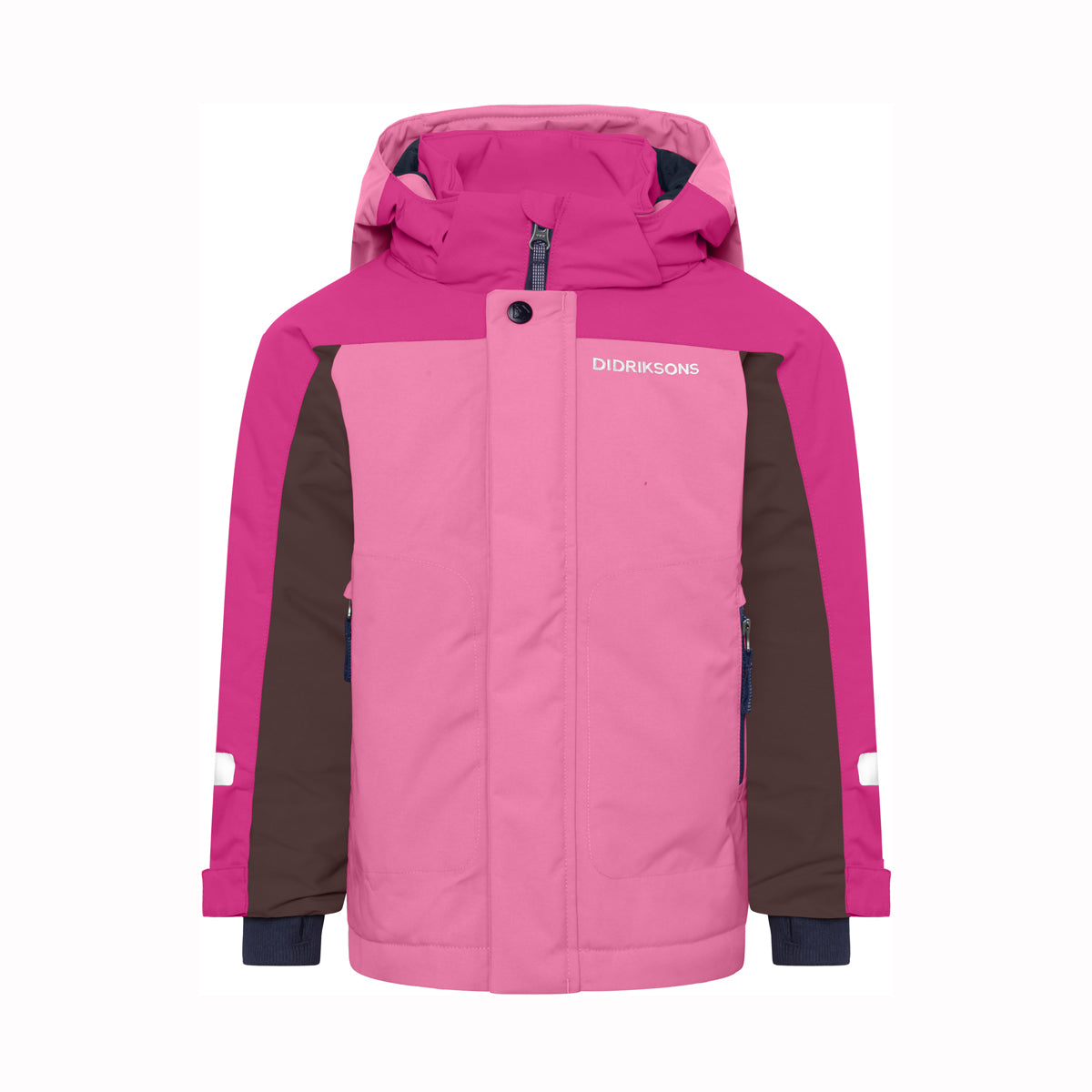 A kids' hooded ski jacket in colorblock pink, brown, and magenta, featuring a front zipper, zippered hand pockets, and the brand name 'Didriksons' printed on the chest.
