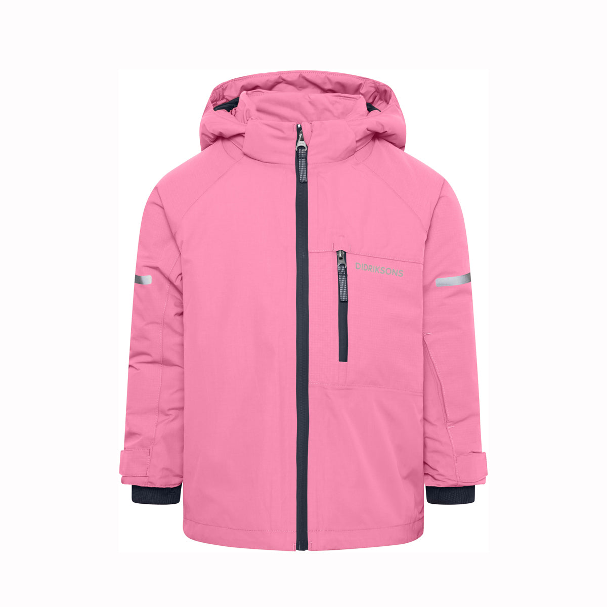 A pink hooded winter jacket with a front zipper, a vertical chest zip pocket, and reflective silver stripes on the sleeves, shown against a plain white background.