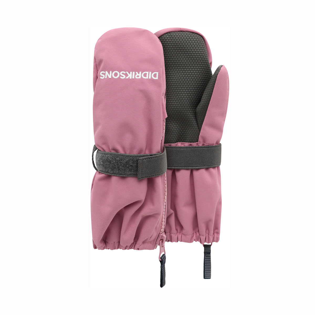 A pair of pink and black mittens with wrist straps, shown against a plain white background. The brand name 'DIDIRIKSONS' is printed in white on the pink cuff.