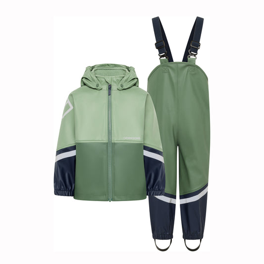 A children's two-piece waterproof suit set featuring a hooded jacket and matching bib overalls in sage green and navy blue, with white stripe accents on the sleeves and legs, shown against a plain white background.