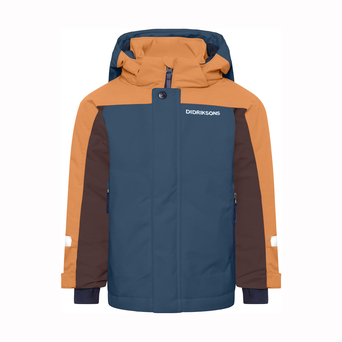 A kids' hooded snow jacket by Didriksons, featuring a colour-blocked design with a navy blue body, mustard orange shoulders and sleeves, and dark brown sleeves.