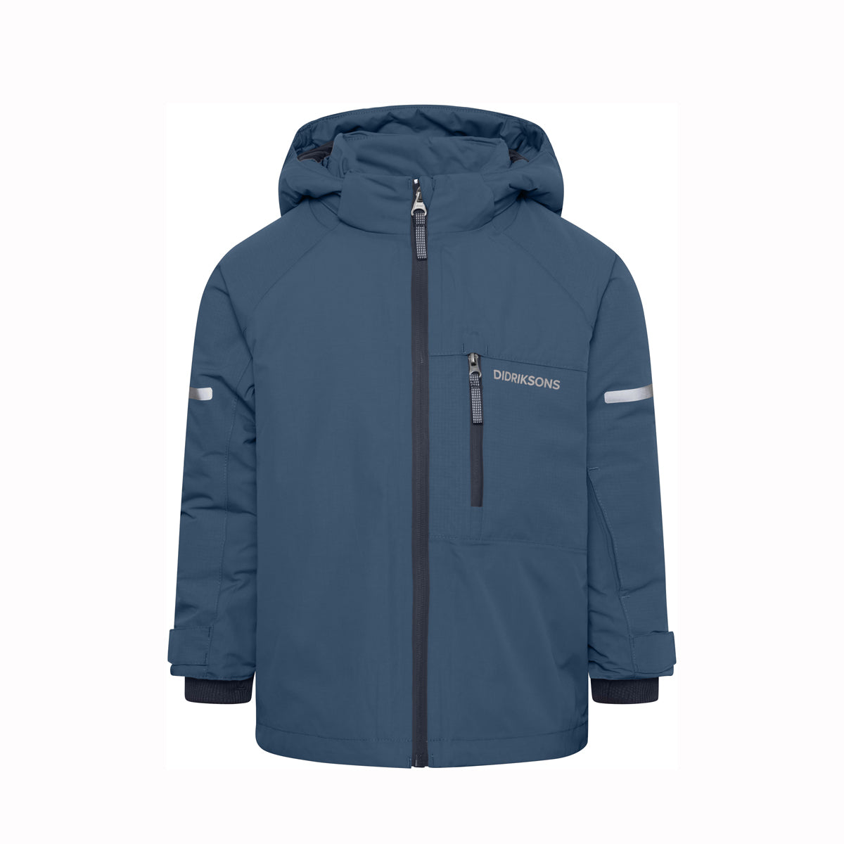 A dark slate blue hooded winter jacket with a front zipper, a vertical zippered chest pocket, and the DUNKSONS brand name printed in white on the left chest, shown against a plain white background.