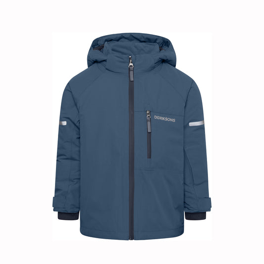 A dark slate blue hooded winter jacket with a front zipper, a vertical zippered chest pocket, and the DUNKSONS brand name printed in white on the left chest, shown against a plain white background.