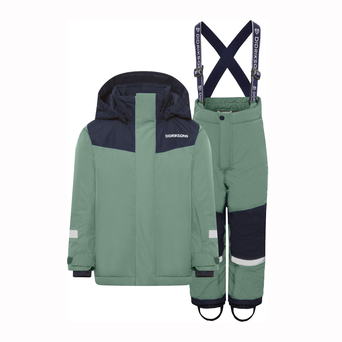 A children's two-piece outdoor snowsuit from Dickson's, featuring a sage green and navy hooded jacket with reflective details, and matching sage green bib pants with navy suspenders and reflective knee bands, shown on a plain white background.