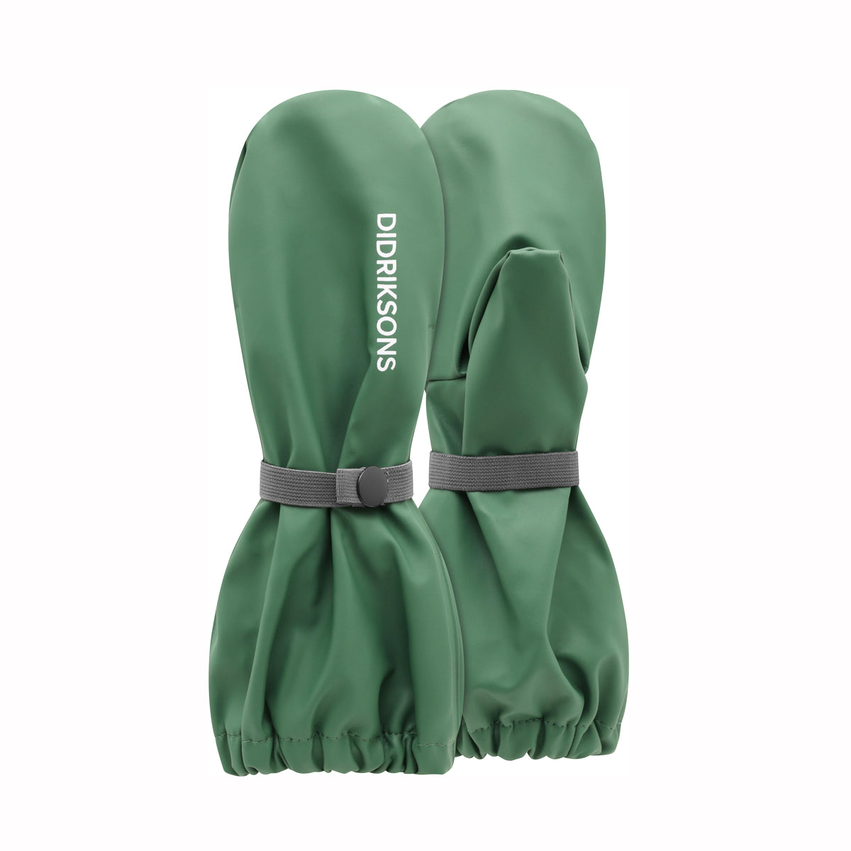 A pair of green insulated boot covers with gray elastic bands and a vertical white DIDIRIKSONS logo, shown on a plain white background.