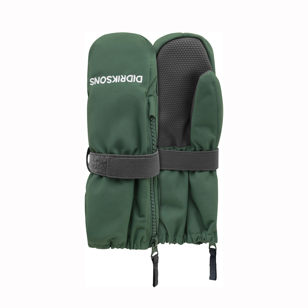 A pair of green insulated mittens with dark gray mesh palm areas and gray elastic wrist straps, shown on a plain white background. The brand name 'DIDIKSONS' is printed in white on the left mitten.
