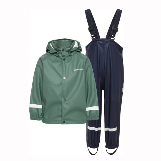 Kids' two-piece waterproof rain suit including a sage green hooded jacket with white reflective stripes and navy blue bib overalls with matching reflective stripes, shown on a plain white background.