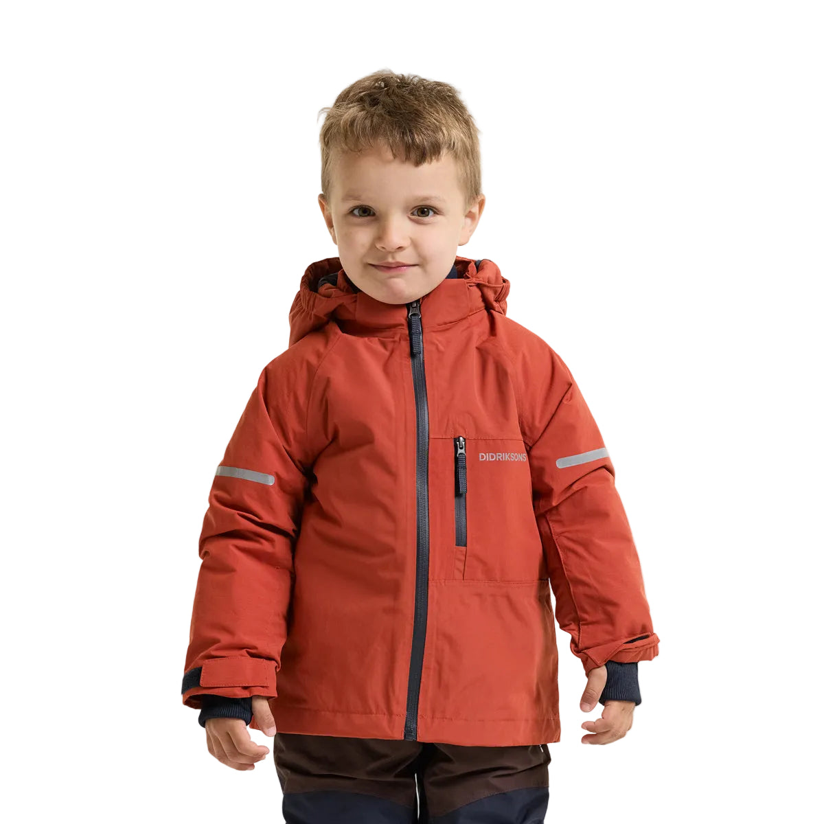 A young boy wearing a red hooded waterproof jacket with reflective details and a front zipper, photographed against a plain white background.