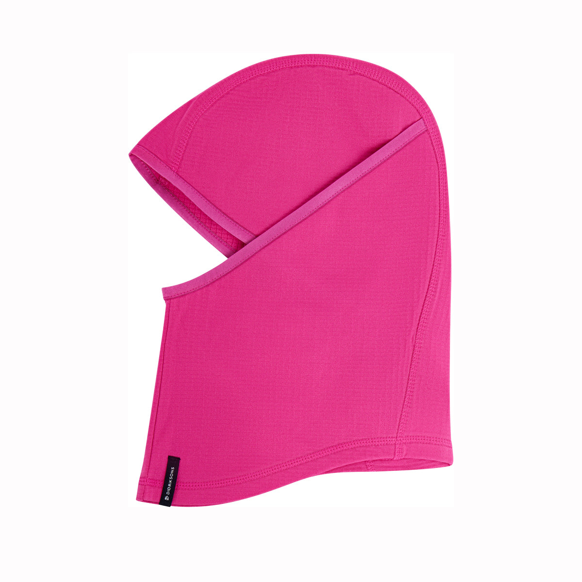 A bright pink waffle-knit balaclava face covering with a hood, shown on a plain white background.