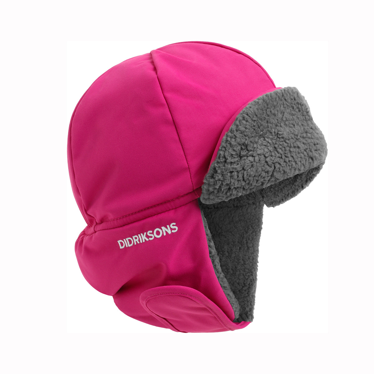 A bright pink winter trapper hat with gray fleece ear flaps and a white DIDRIKSONS logo on the side, shown against a plain white background.