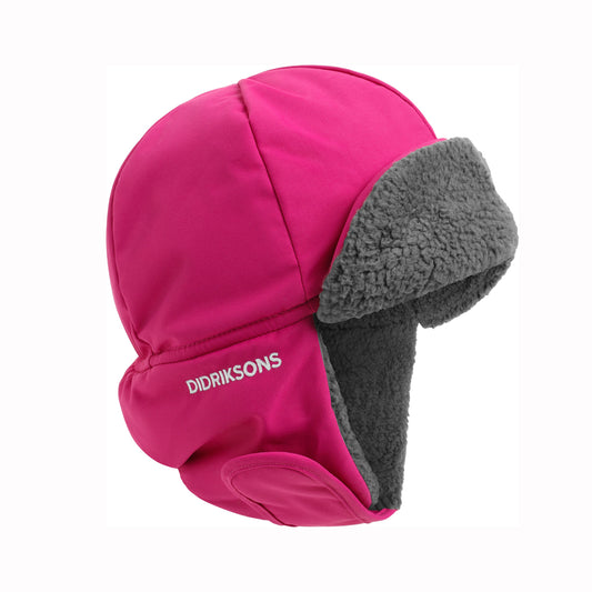 A bright pink winter trapper hat with gray fleece ear flaps and a white DIDRIKSONS logo on the side, shown against a plain white background.