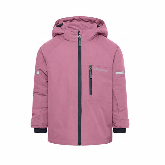 A pink hooded winter jacket with black zippers and reflective details, shown on a plain white background.