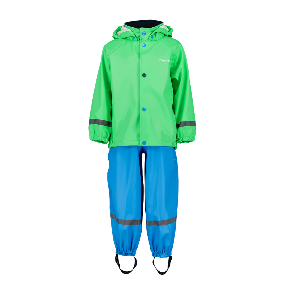 Didriksons Slaskeman Waterproof jacket and dungarees set with green jacket and blue dungarees (Frog Green)