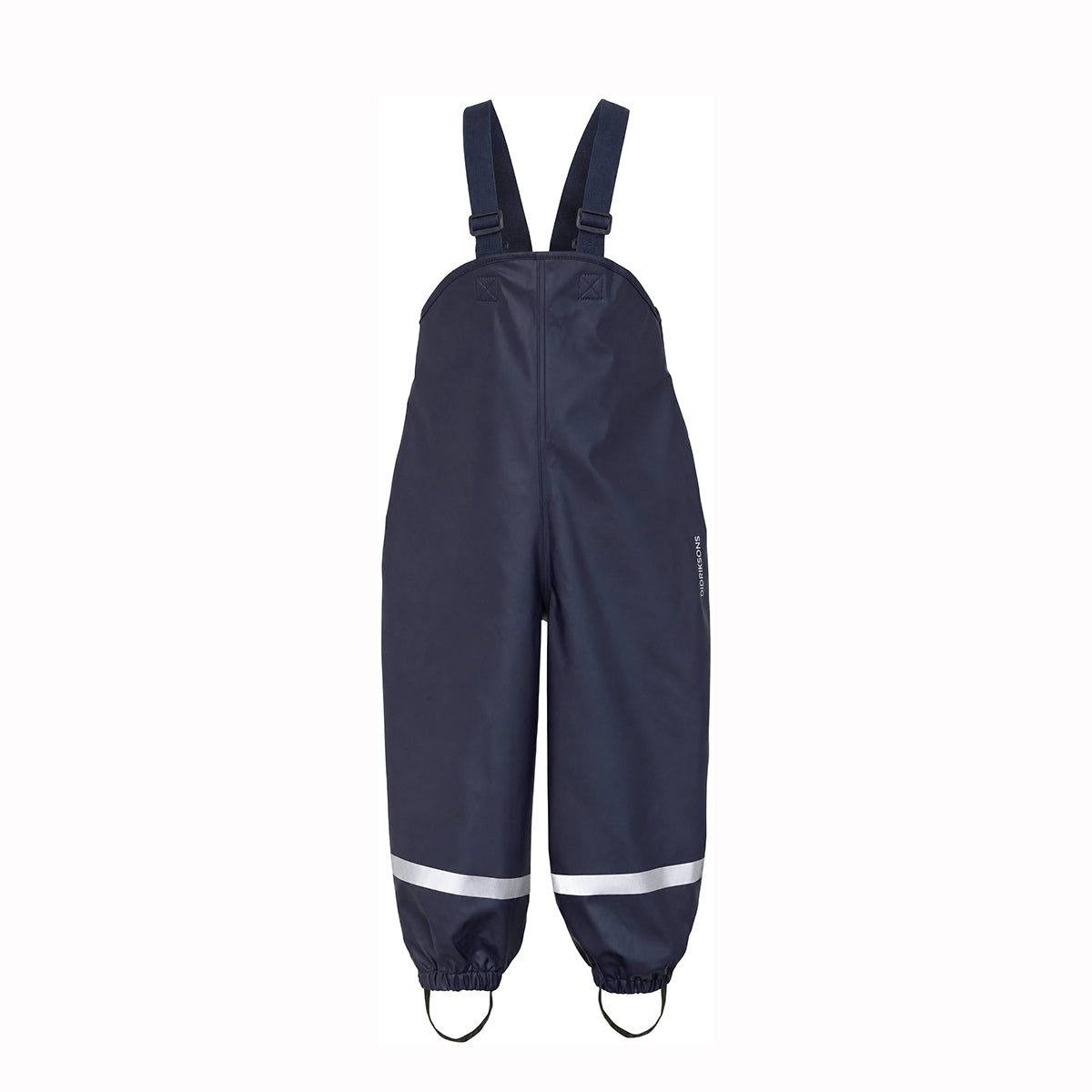 Navy blue waterproof bib overalls with adjustable shoulder straps, elasticized ankle cuffs, and reflective silver bands near the ankles, shown against a plain white background.