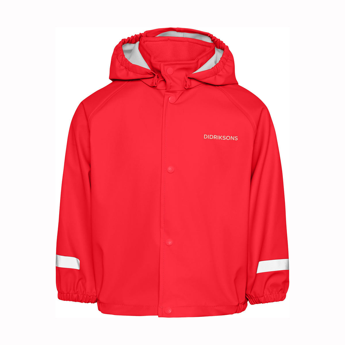 A bright red hooded rain jacket with reflective white stripes on the sleeves and a white 'DIDRIKSONS' logo on the left chest, shown against a plain white background.