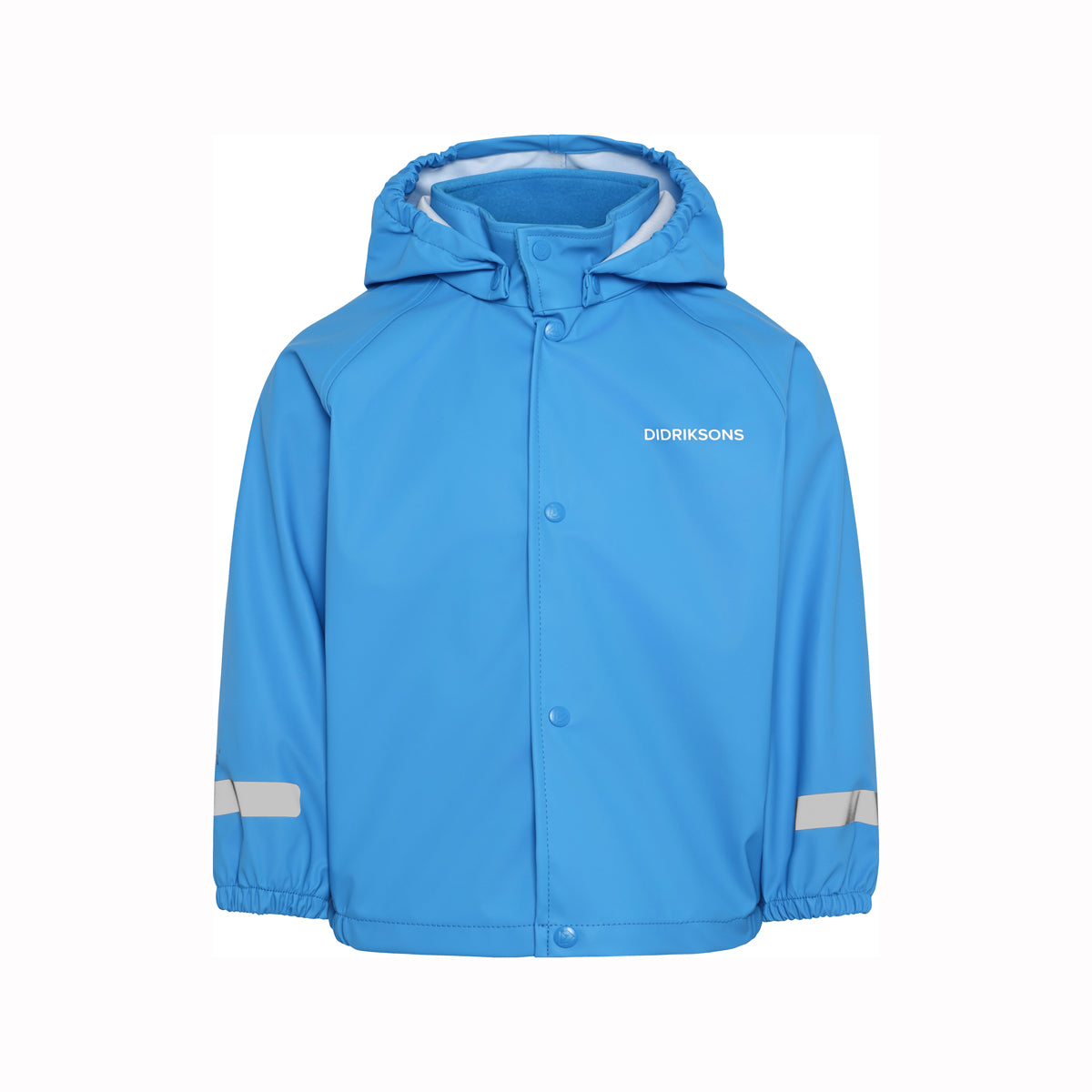 A bright blue hooded rain jacket with a front snap closure, white 'DIDRIKSONS' logo on the left chest, and reflective silver stripes on the sleeves, shown against a plain white background.