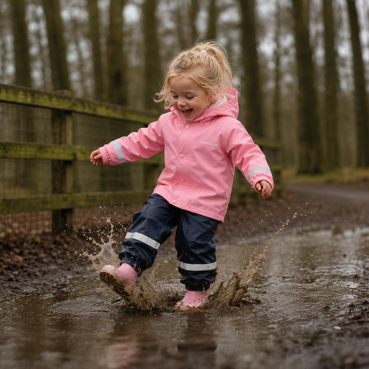 A young child wearing a pink hooded rain jacket, navy rain pants with white reflective stripes, and pink rain boots splashing in a muddy puddle outdoors in a wooded setting.
