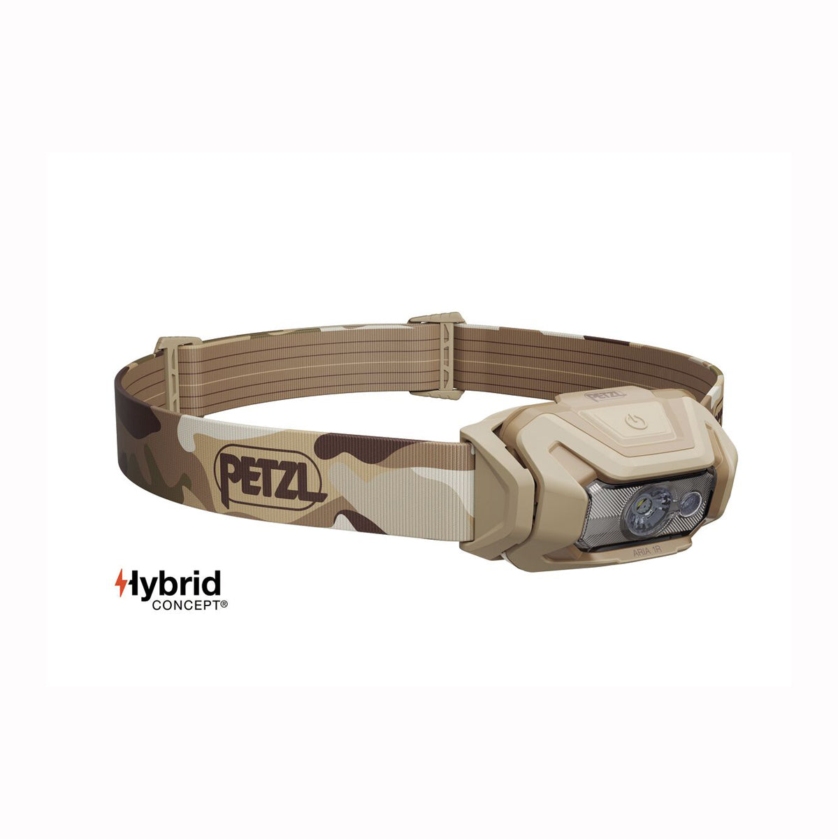 A Petzl headlamp with a desert camouflage pattern in tan and brown, featuring a beige plastic housing and a clear lens. The Petzl logo is visible on the strap, and a 'Hybrid Concept' logo is shown in the bottom-left corner.
