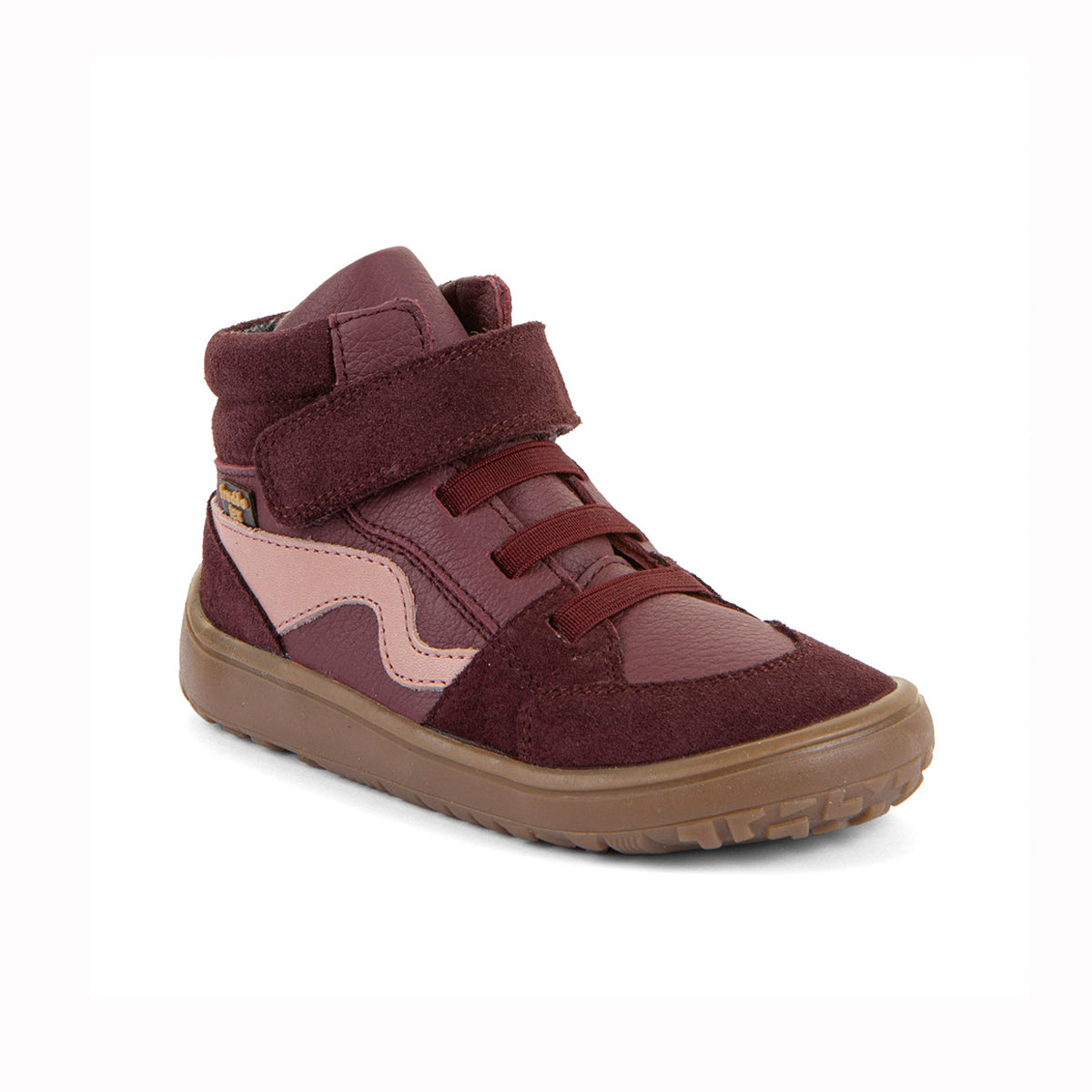 A high-top toddler sneaker in burgundy and dusty pink, featuring a hook-and-loop strap closure and a brown rubber sole, shown against a plain white background.