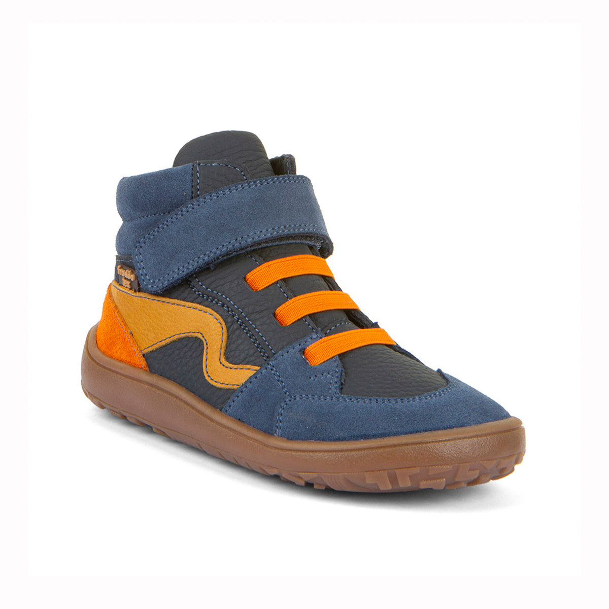 A high-top sneaker for kids in navy blue suede and black mesh, featuring bright orange laces and a tan suede heel accent, with a brown rubber sole, shown on a white background.