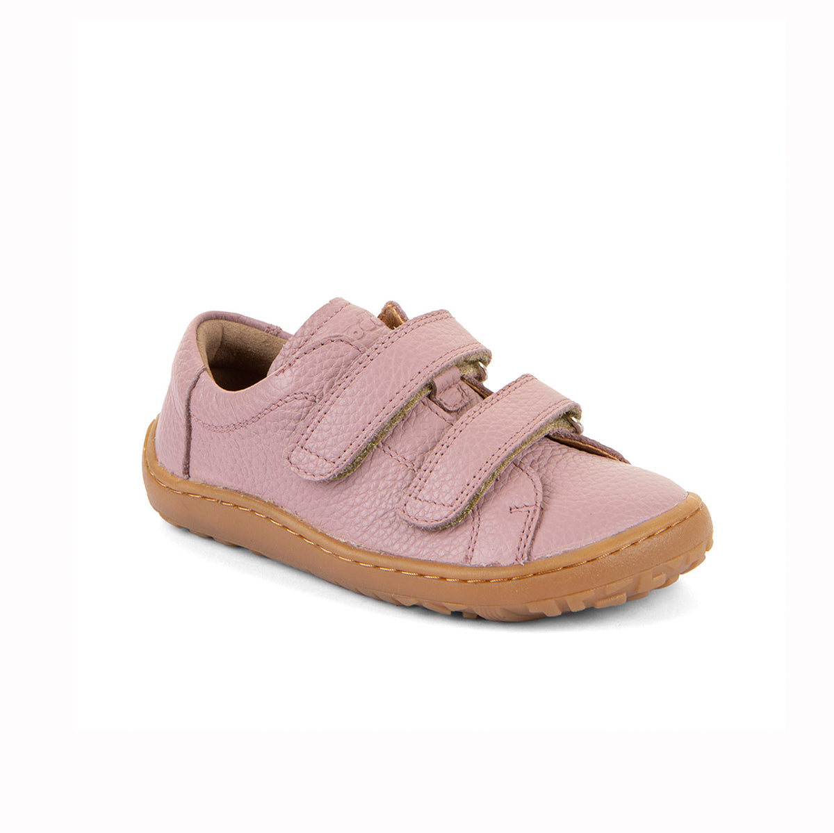 A single children's low-top shoe in dusty pink pebbled leather with two hook-and-loop straps and a tan rubber sole, shown on a plain white background.