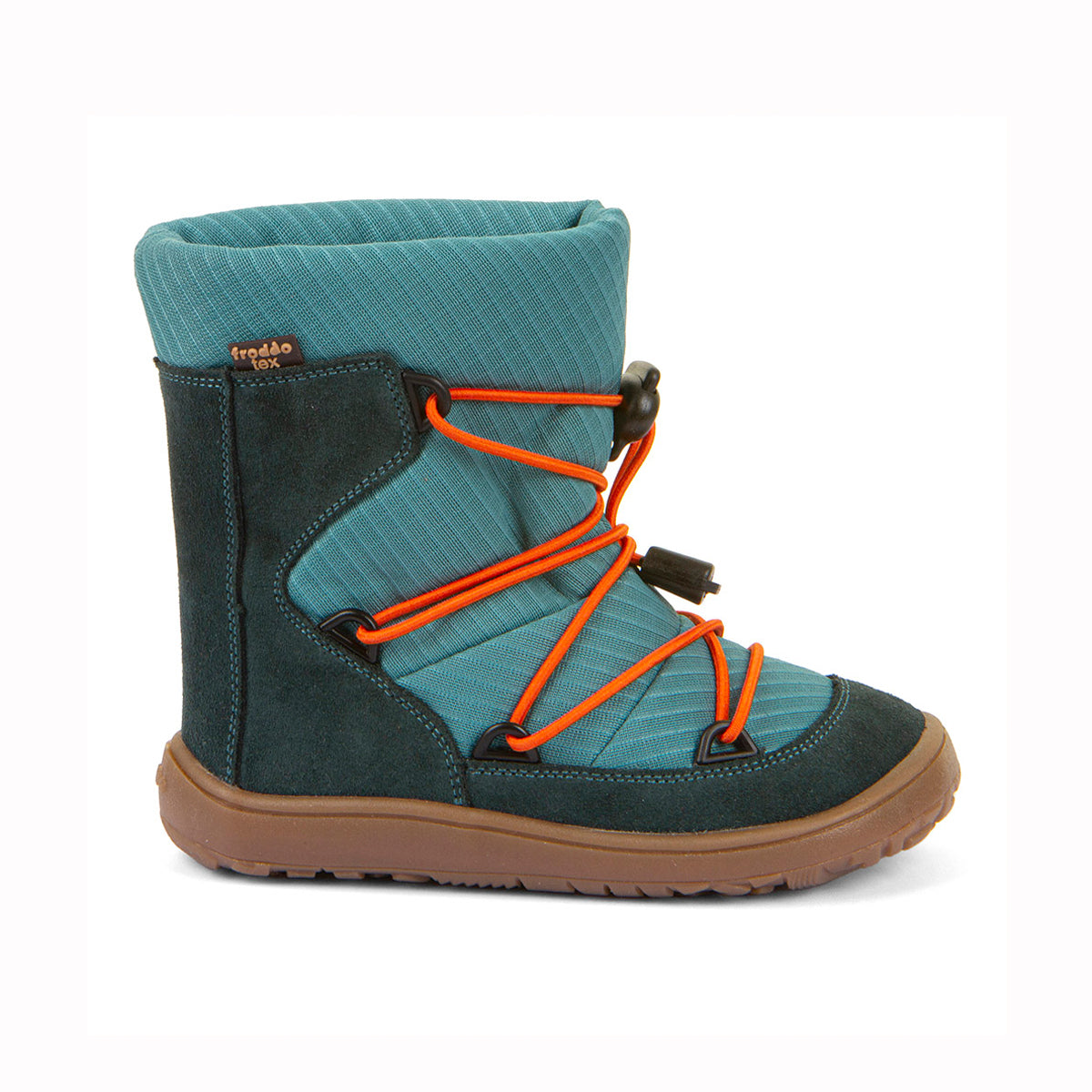 A mid-calf outdoor boot from Freddo, featuring a teal and dark green color-blocked design with bright orange laces and a brown sole, shown against a plain white background.