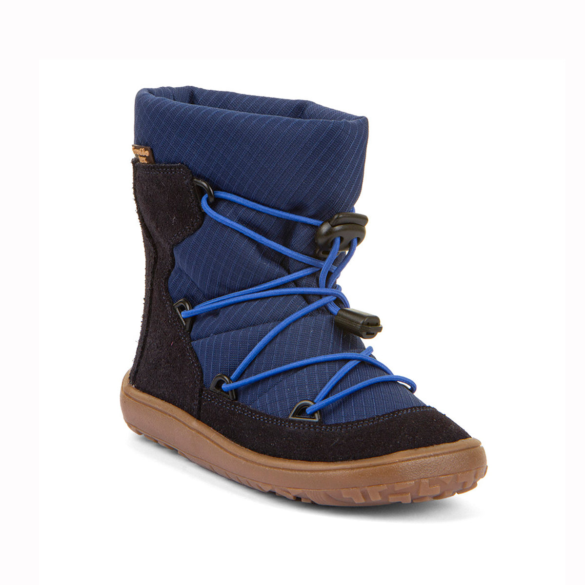 A single mid-calf winter boot with a navy blue ribbed fabric upper, dark brown suede side panels, bright blue laces, and a brown rubber sole, shown on a white background.