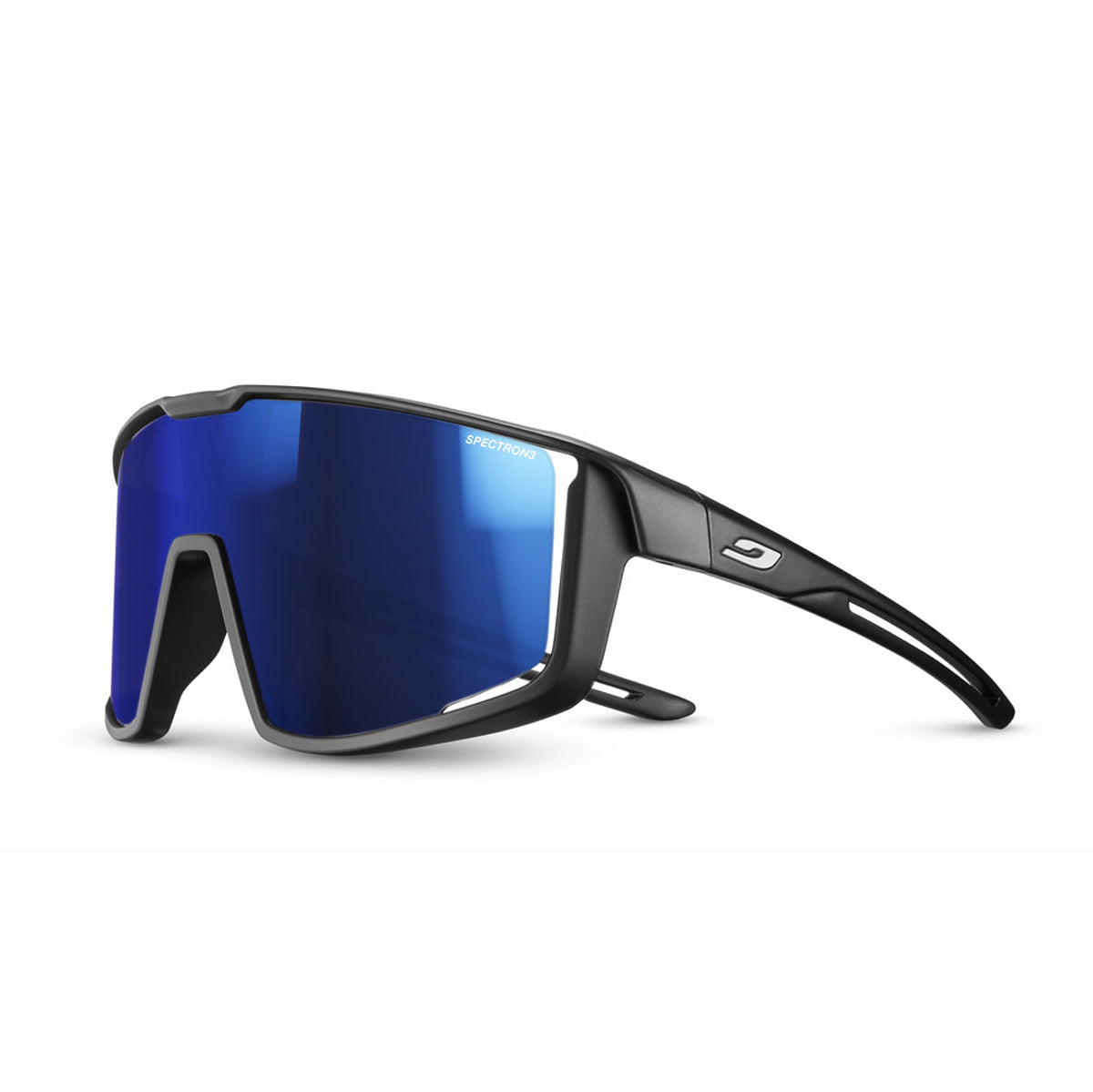 Black Julbo wraparound kids sunglasses with a blue mirrored shield lens, shown on a clean white background.